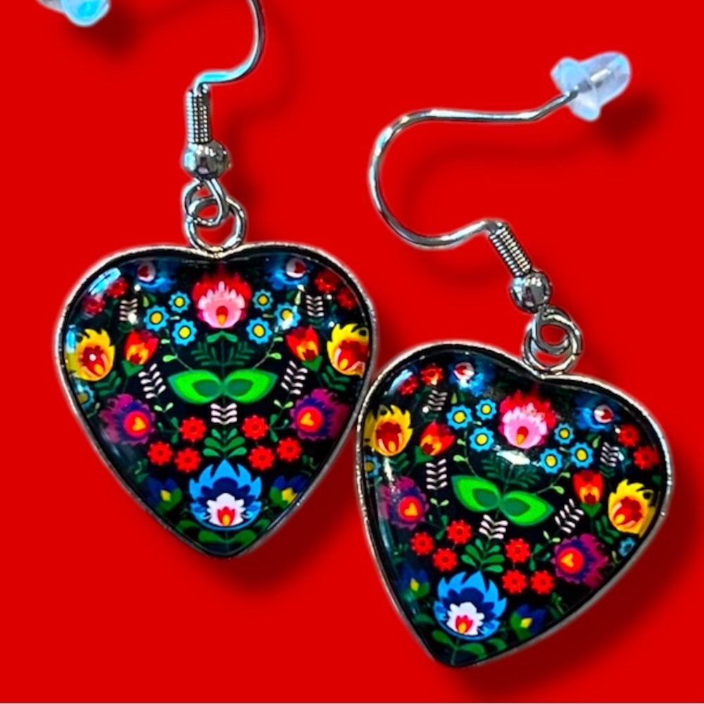 Colorful Floral Polish Folk Art Glass Domed Heart Earrings